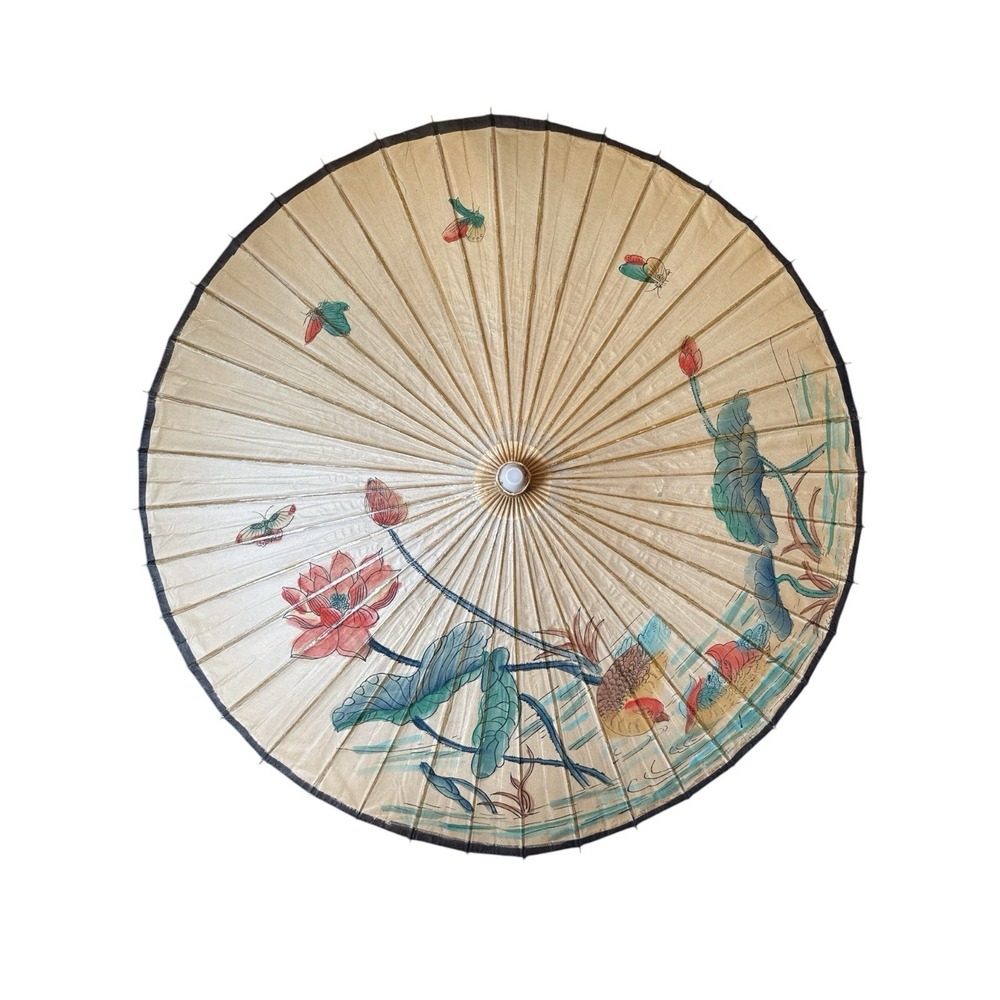 Vintage Chinese Oil Paper Parasol Umbrella Hand Painted Lotus Bird Bamboo Asian